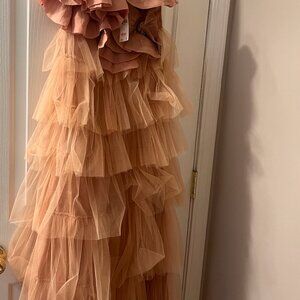 Anthropologie Pink/Peach Tulle Dress Size 16 | Sequined Florals Evening Gown
